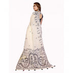 Generic Women's Linen Cotton Printed Saree With Unstitched Blouse 5.5Mtr (Off White)