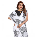 Generic Women's Linen Cotton Printed Saree With Unstitched Blouse 5.5Mtr (White)