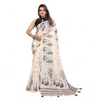 Generic Women's Linen Cotton Printed Saree With Unstitched Blouse 5.5Mtr (Off White)