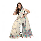 Generic Women's Linen Cotton Printed Saree With Unstitched Blouse 5.5Mtr (Off White)