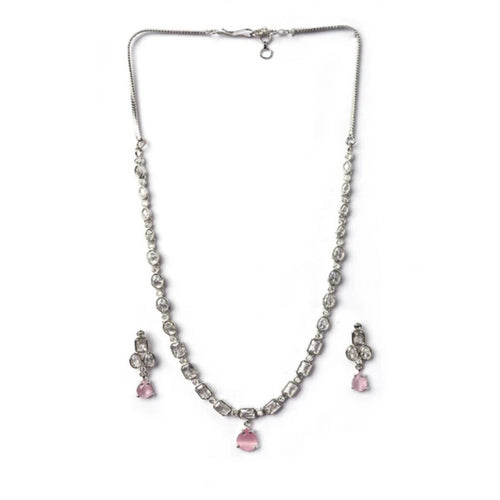 Generic Women's Brass Silver Plated Necklace set (Pink)