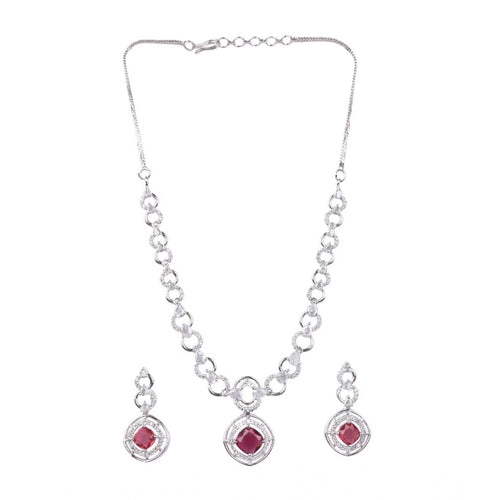 Generic Women's Brass Silver Plated Necklace set (Red)