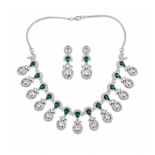Generic Women's Brass Silver Plated Necklace set (Green)