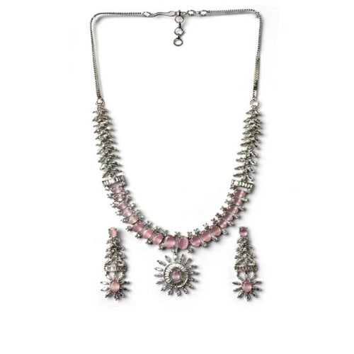 Generic Women's Brass Silver Plated Necklace set (Pink)